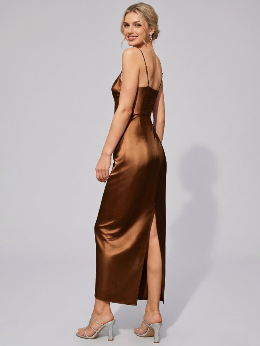 Women's Coffee Brown Satin Maxi Dress Spaghetti Strap Side Slit Evening Gown